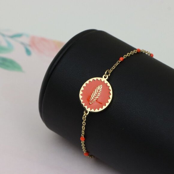 Gold Plated Yellow Bracelet with Orange Leaf Charm, Adjustable Size, XPBL0629 - Picture 7 of 12